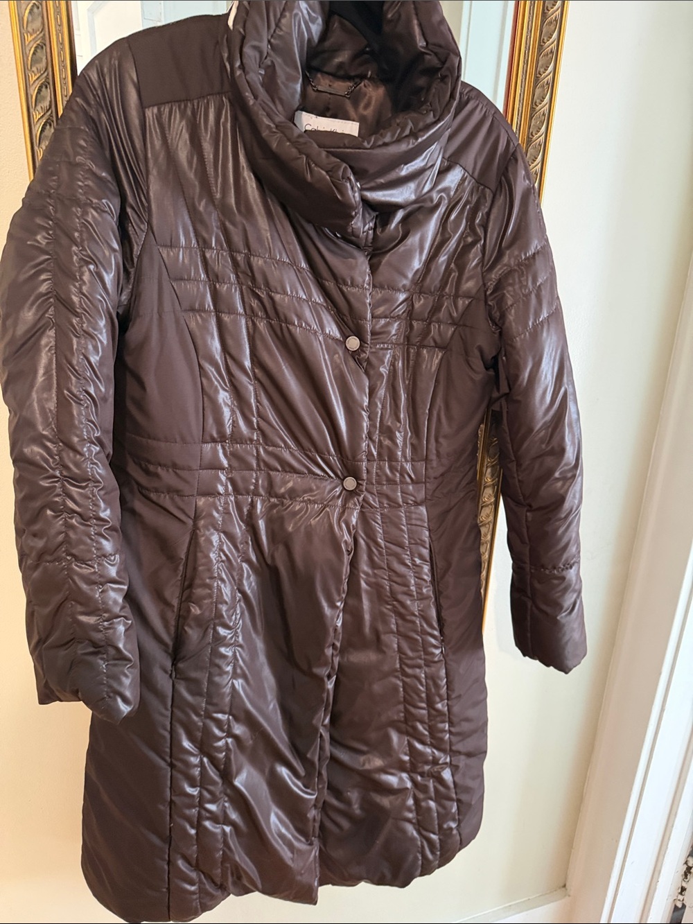 Calvin Klein Chocolate Brown Quilted Funnel Collar Puffer Coat